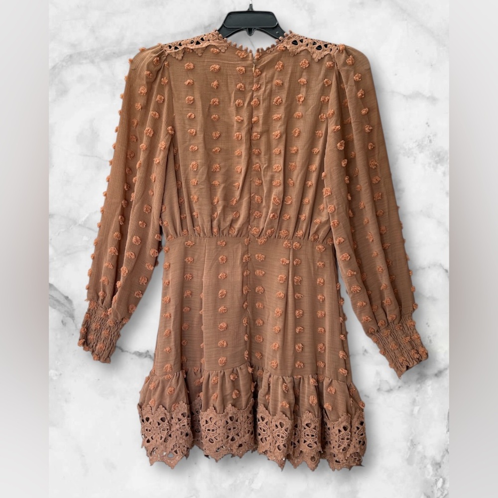 Just Me Boho Swiss Dot Crochet Lace Ruffled Hem Party Mini Dress Cognac Size M - Picture 5 of 15